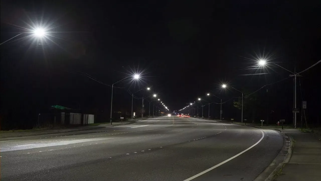 A scene illuminated by LED lighting, displaying bright, white light with improved visibility, contrast, and color accuracy.